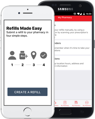iPhone and Android displaying the My Community Pharmacy mobile app